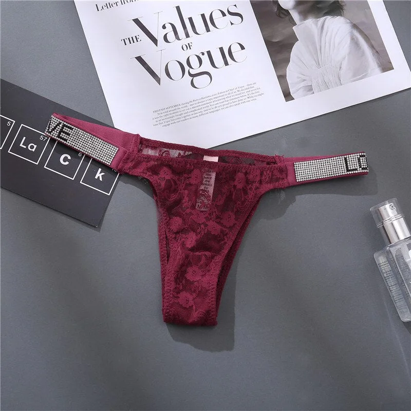 FINETOO Sexy Women Rhinestone Panties G-string Crystal Underwear Lace Pantys Femme Perspective Thong Letter Tanga Girl Lingerie