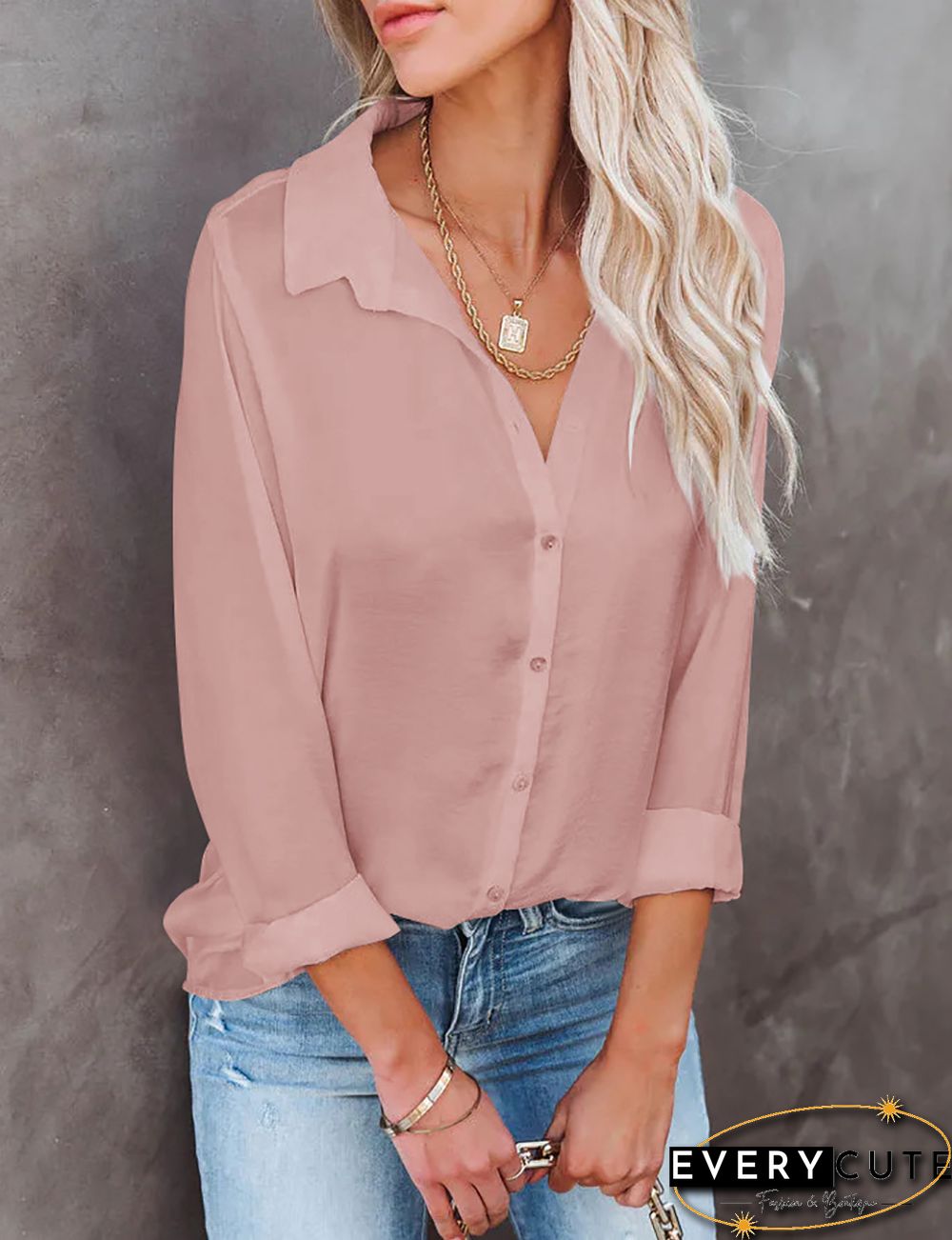Pink Solid V Neck Buttoned Long Sleeve Shirt
