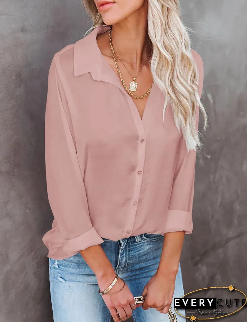 Pink Solid V Neck Buttoned Long Sleeve Shirt