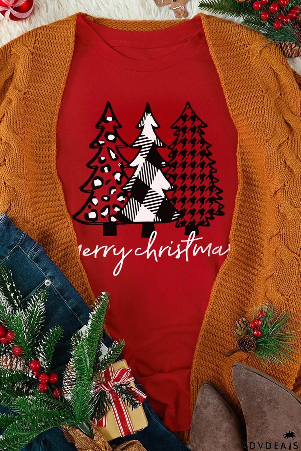 Red Merry Christmas Trees Graphic Print Short Sleeve T Shirt
