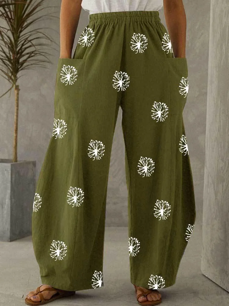Cotton and linen dandelion print loose pants