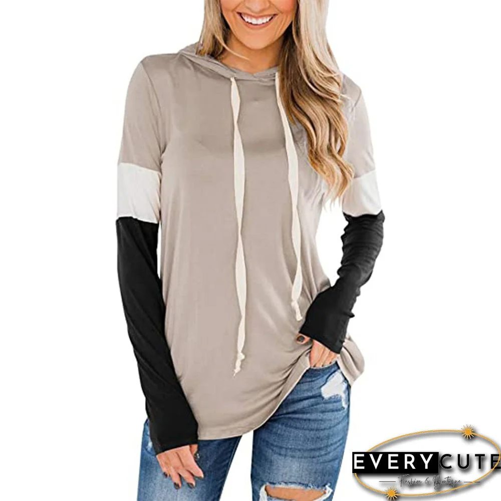 Khaki Splice Black Long Sleeve Drawstring Hoodie