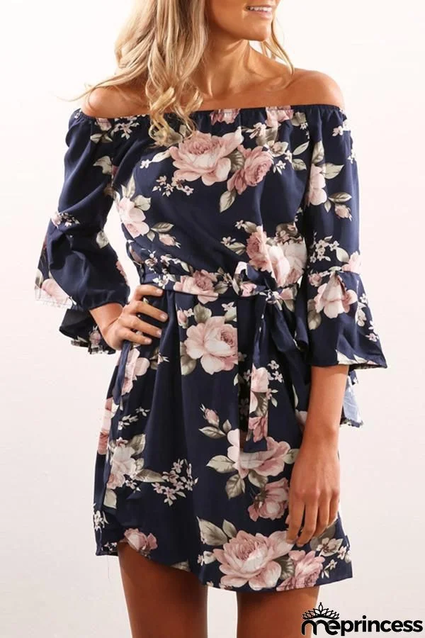 Bateau Neck Floral Printing Mini Dresses