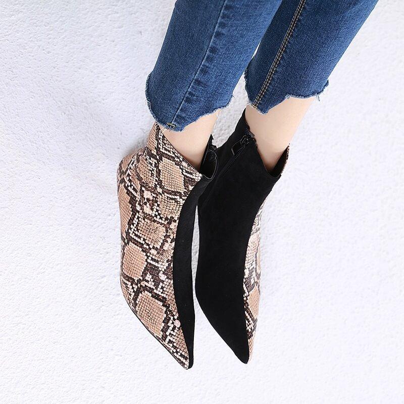 VCSHOES Snakeskin Color Block Pointed Toe High Heel Ankle Boots