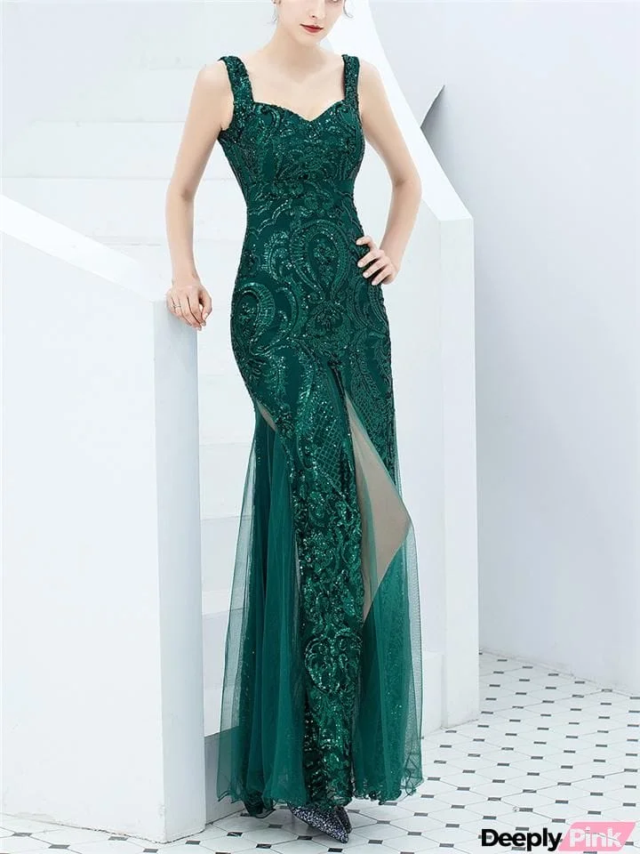 Stunning Sequined High Slit Formal Tulle Dress for Dinner