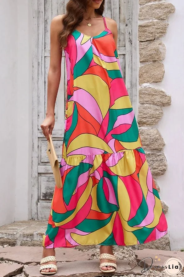 Multicolor Geometric Colorblock V Neck Tiered Maxi Dress