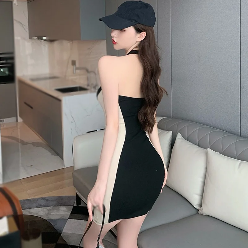 Uaang Bodycon Mini Dress Women Korean Contrast Color Halter Zipper Backless Slim Sexy Sleeveless Dresses