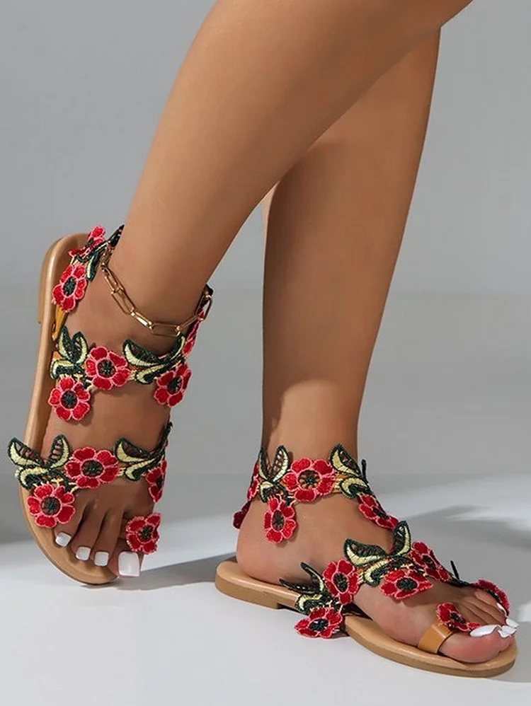 Vacation Floral Embroidery Toe Ring Alloy Ankle Chain Slippers