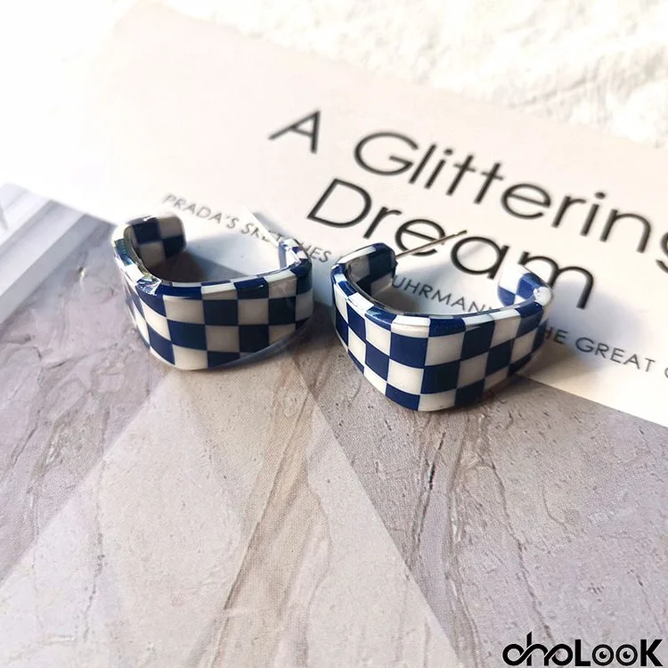 Women Simple Vintage Checkerboard C Shape Acrylic Earrings