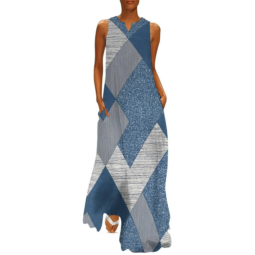Style & Comfort for Mature Women Plus Size Printed Sleeveless Casual Women Maxi Dress with Pockets in Pattern Blue, Vintage, Patchwork