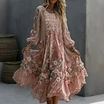 Women's Floral Roses Art Print Flowy Linen Blend Casual Long Sleeve Maxi Dress - Image 2