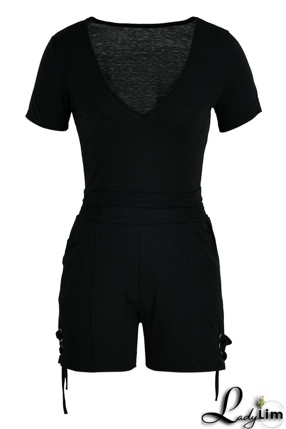 Black Fashion Casual Solid Bandage V Neck Short Sleeve Two Pieces