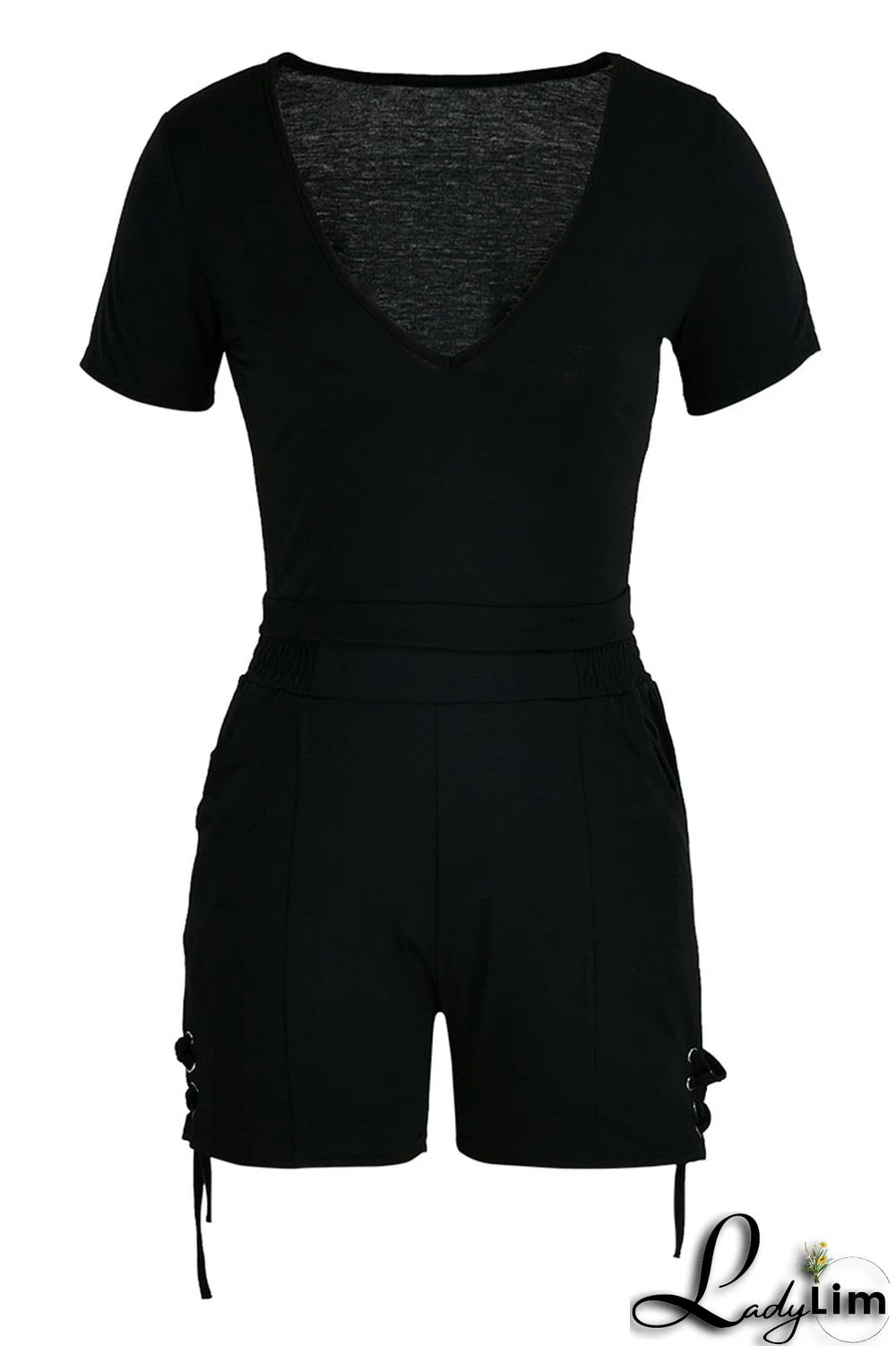 Black Fashion Casual Solid Bandage V Neck Short Sleeve Two Pieces