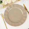 10 Pack | 11" Taupe Hard Plastic Dinner Plates with Gold Ruffled Rim, Large Heavy Duty Disposable Dinnerware