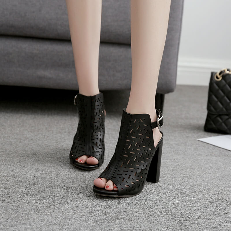 GOOSHOE High Chunky Heel Cutout Buckle Peep Toe Sandals