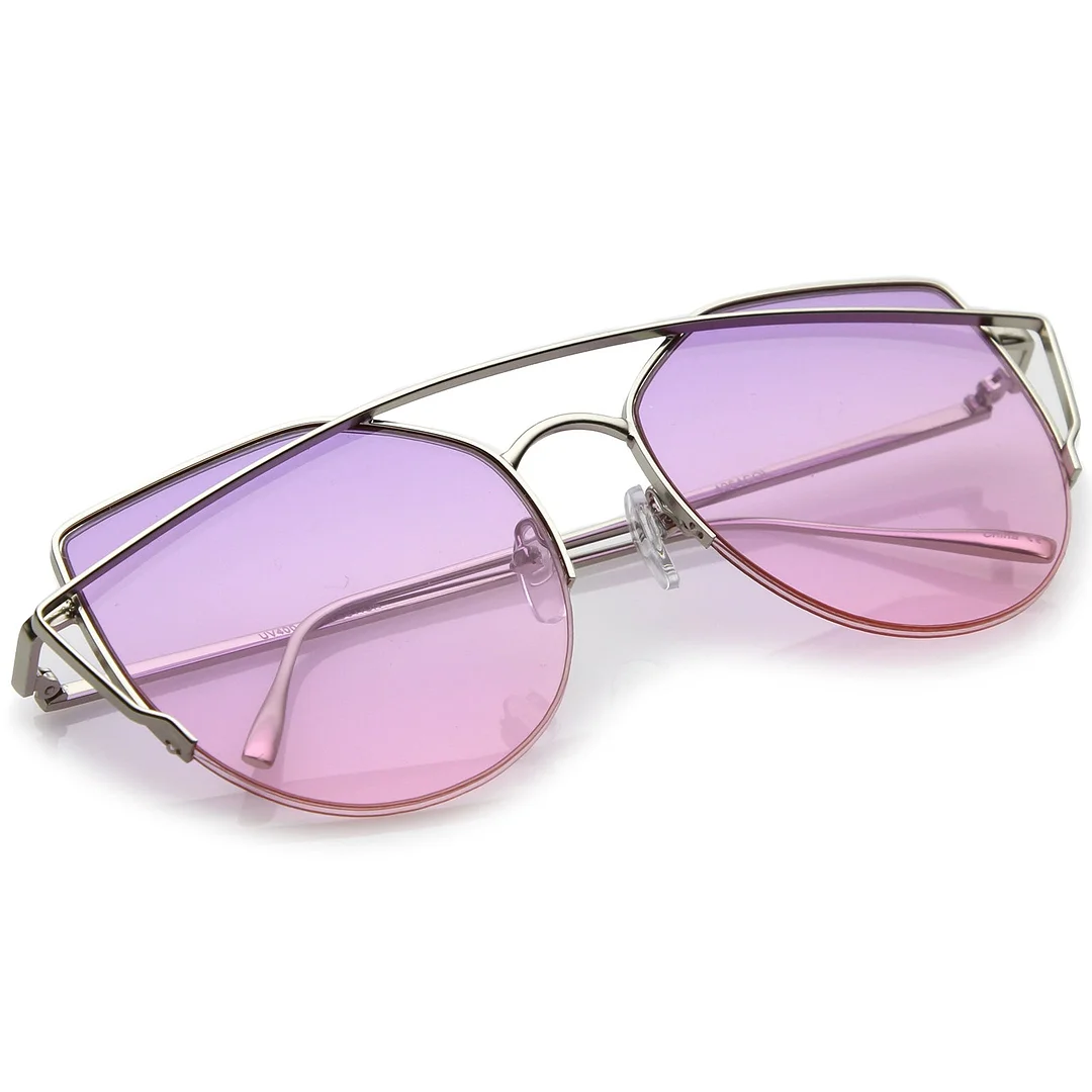 Women's Semi Rimless Metal Brow Bar Round Colored Flat Lens Cat Eye glasses