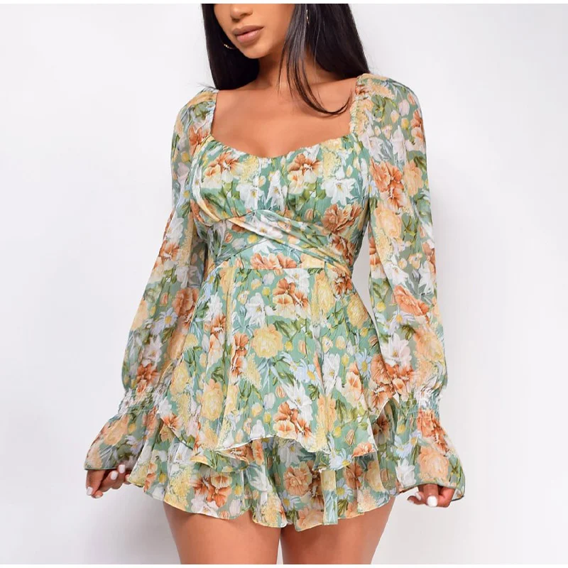 Summer Women Long Sleeve Lace Up Ruffles Floral Print Rompers Jumpsuits 