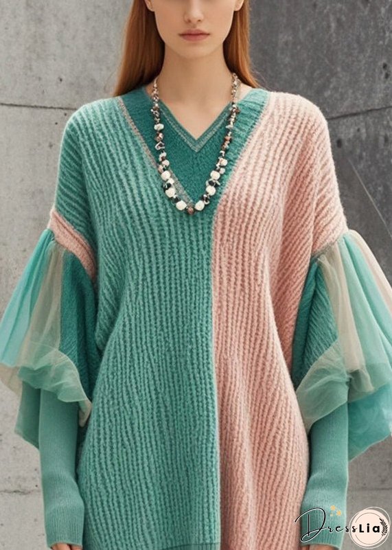 Style Colorblock Oversized Patchwork Side Open Tulle Sweater Dress Fall