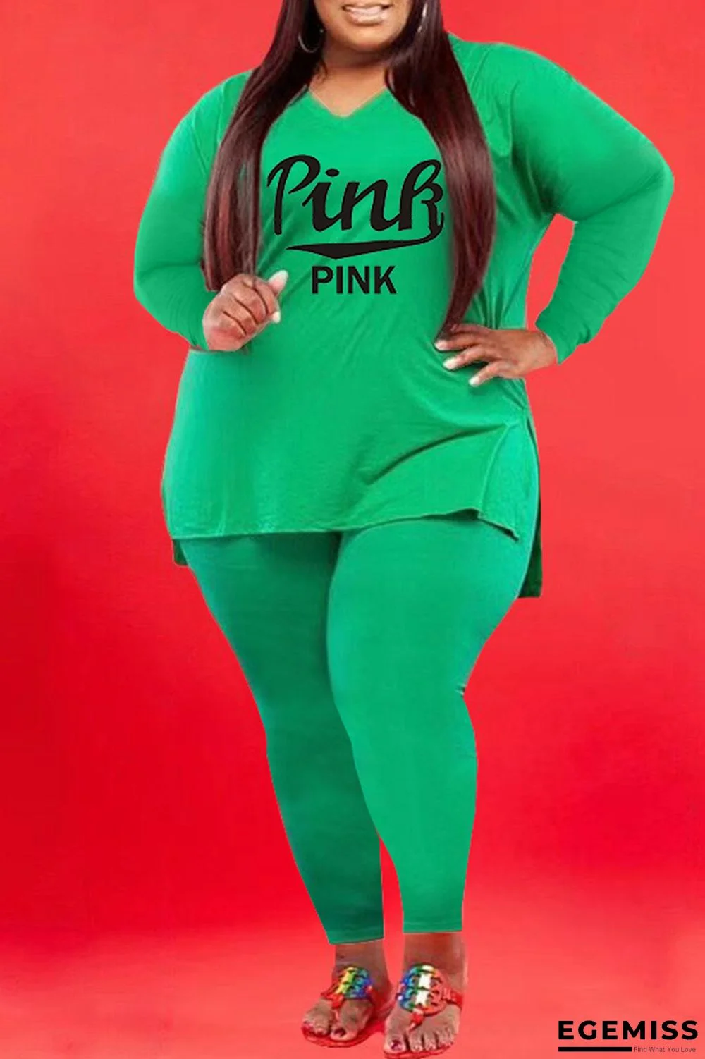 Green Fashion Casual Letter Print Slit V Neck Plus Size Two Pieces | EGEMISS