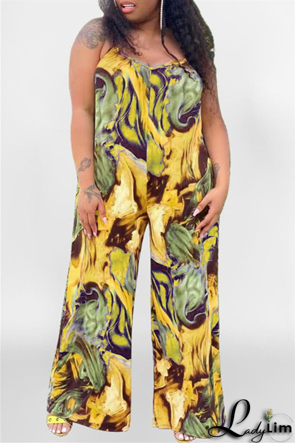 Coffee Sexy Casual Print Backless Spaghetti Strap Plus Size Jumpsuits