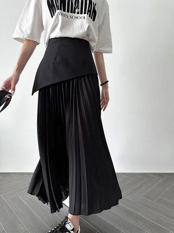 A-Line Loose Contrast Color Pleated Split-Joint Skirts Bottoms