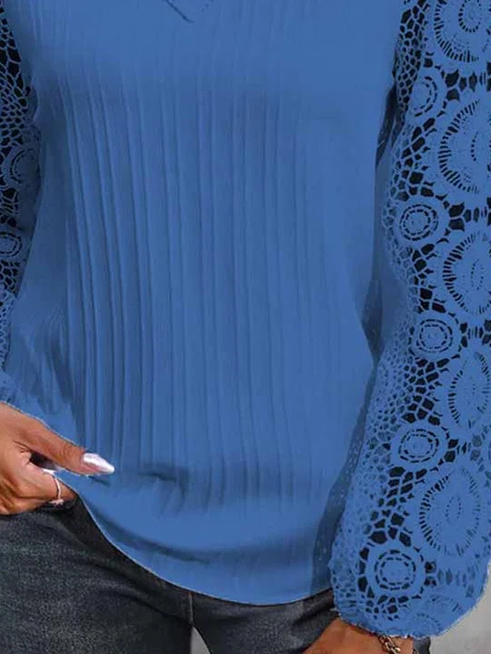 Women Long Sleeve V-neck Solid Lace Tops
