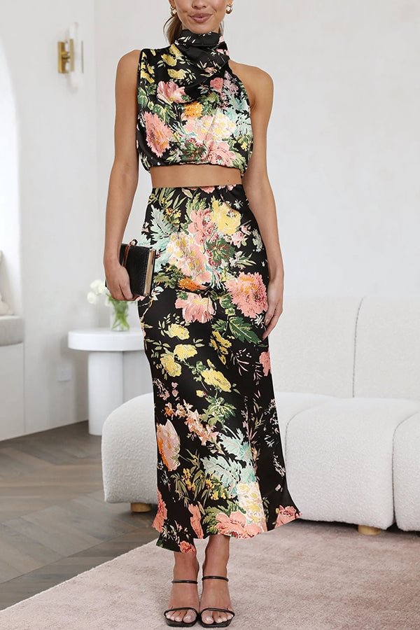 Truest Romance Floral High Neck Satin Drape Maxi Skirt Set