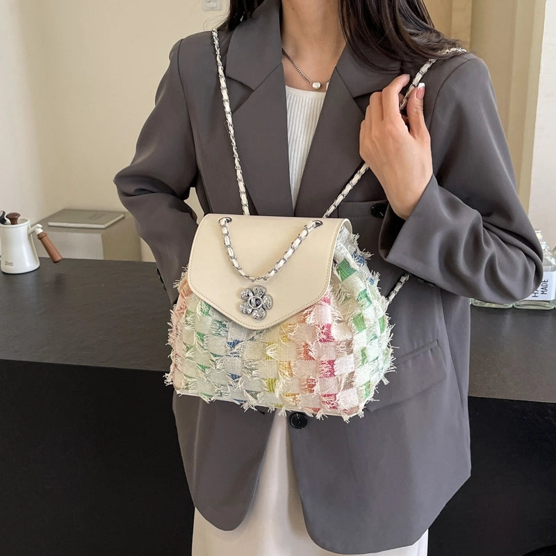 Women’s Medium Cloth Color Block Star Classic Style Streetwear Sewing Thread Square Flip Cover Fashion Backpack