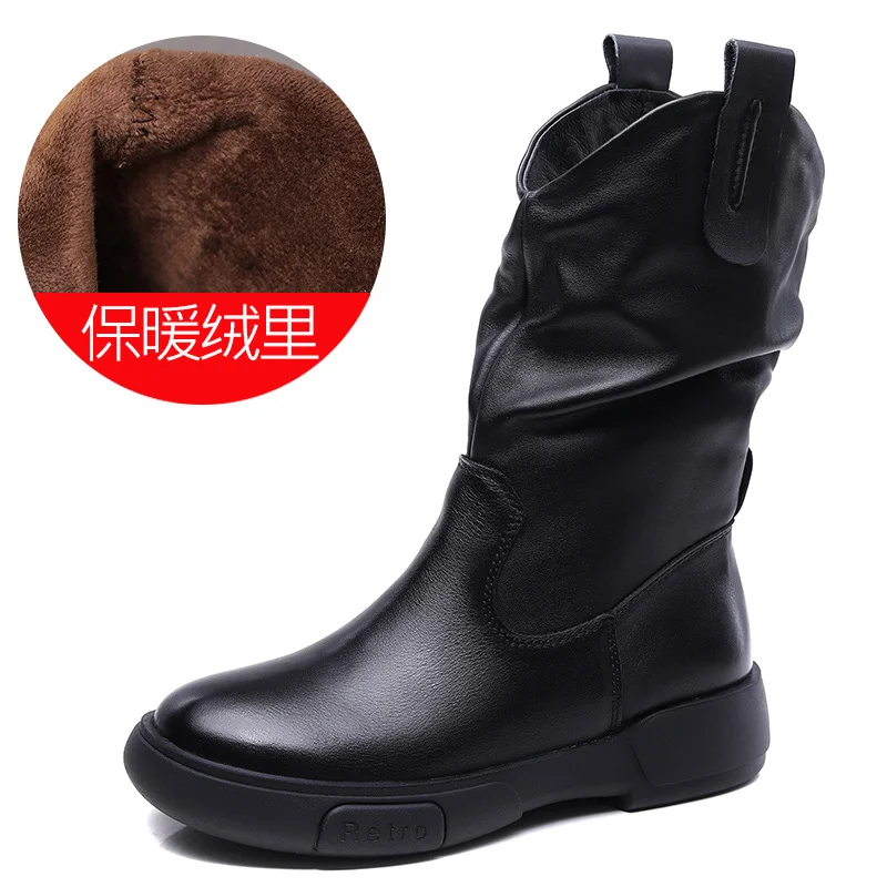 Yyvonne Boots Pile Boots Top Layer Of Kraft Mid-Sleet Boots Women Flat Bottom Soft Skin Autumn Winter Leather Martin Boots Horse Rider Boots