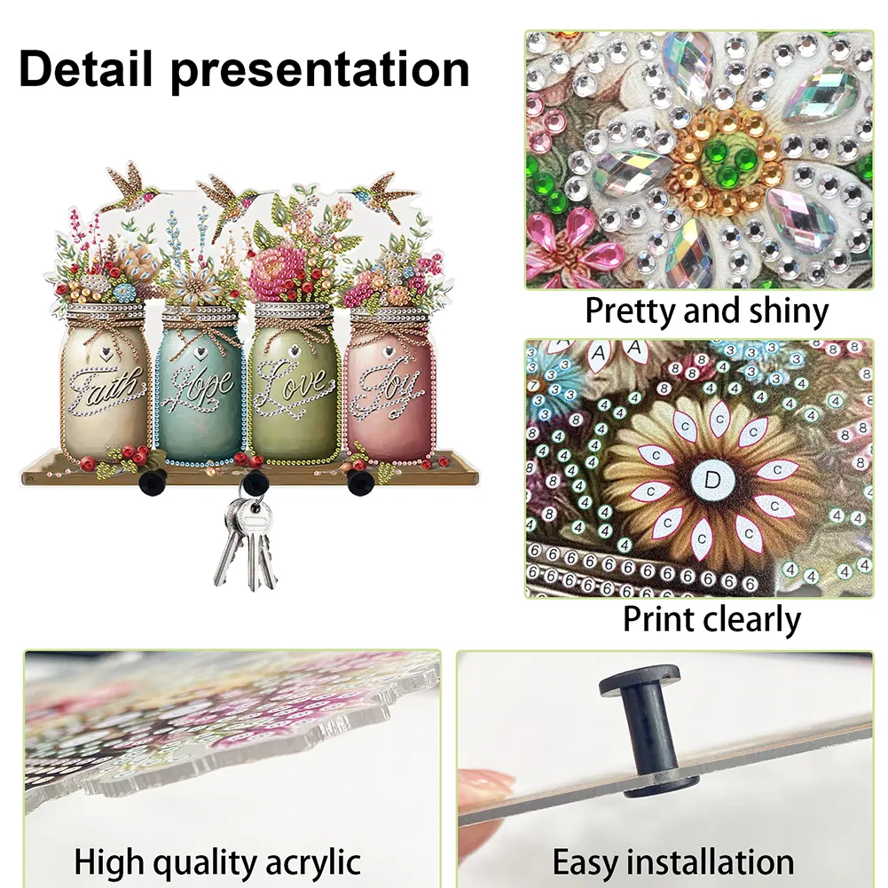 DIY Vase Bouquet Diamond Art Acrylic Hanging Hooks A Row of 3 Hooks DIY Crafts Decor