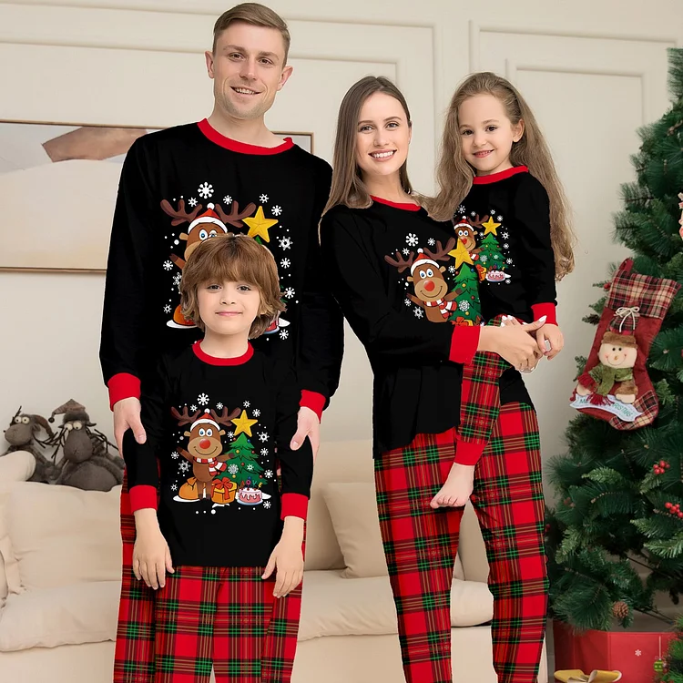 Christmas Gift Reindeer Cartoon Print Plaids Family Matching Pajamas Set