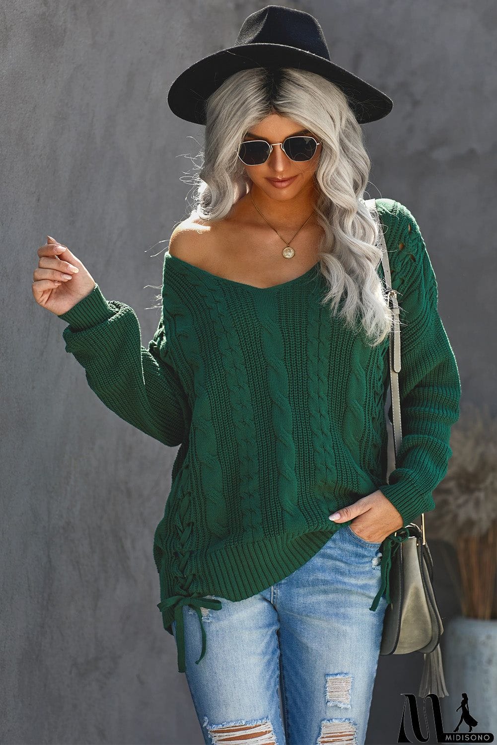 MidiSono - Love Letters Cable Knit Lace Up Sweater