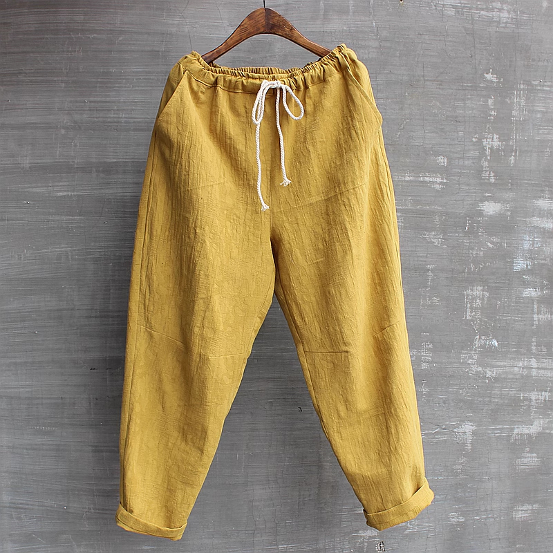 Men's Cotton And Linen Jacquard Yellow Drawstring Trousers