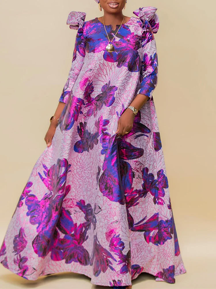 Ruffled Floral Print Long Sleeve 3/4 Sleeve Maxi Dresses For Women QueenFunky