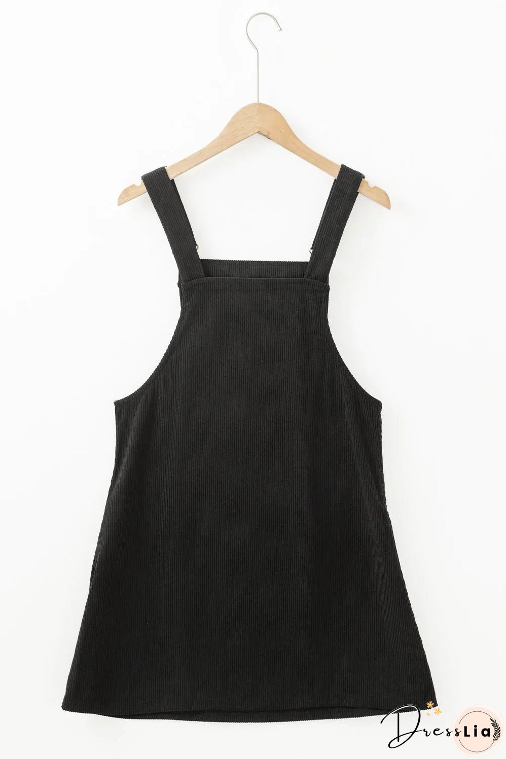 Black Solid Front Pockets Sleeveless Corduroy Overall Dress