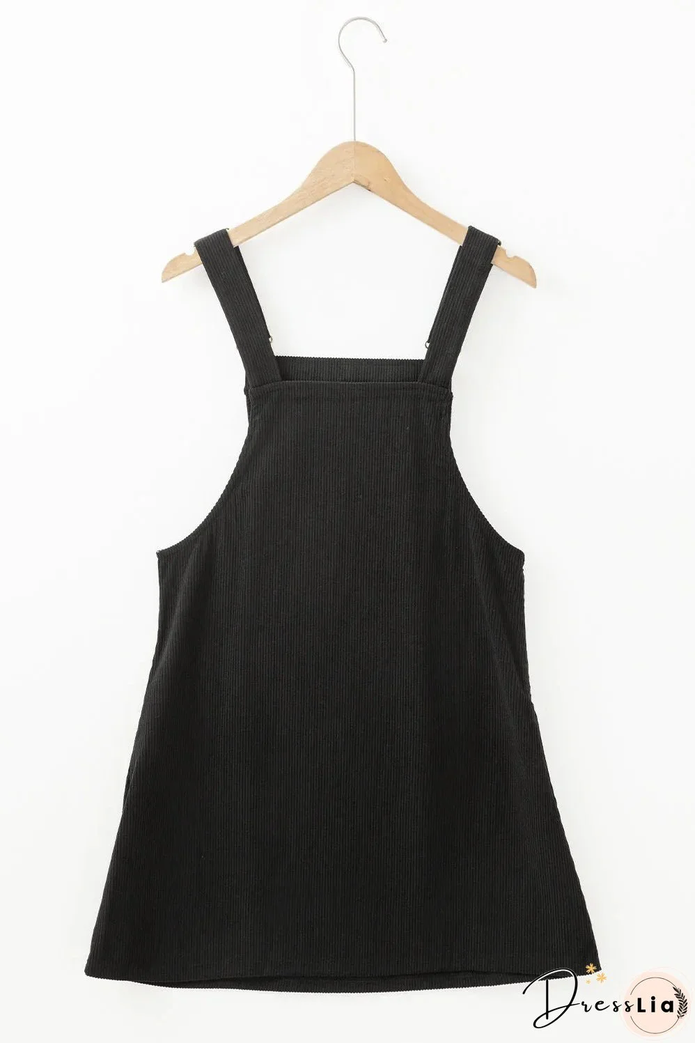 Black Solid Front Pockets Sleeveless Corduroy Overall Dress