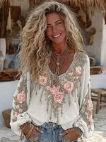 Vintage Pink Roses Flower Embroidered Linen Blend T-shirt - Image 6