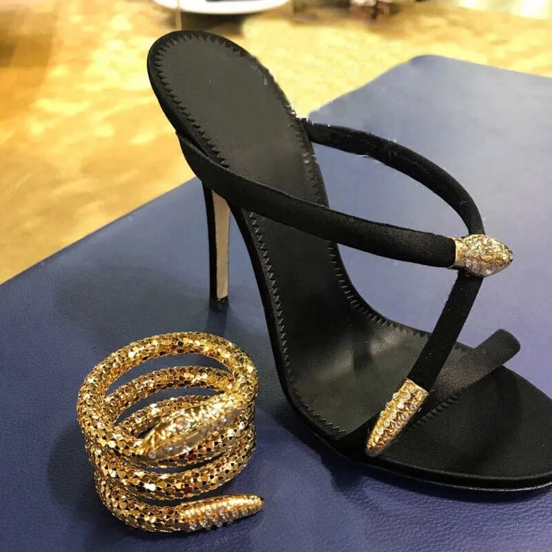 VCSHOES Gold Snakelike Ankle Strappy Gladiator Sandals Women Thin High Heel Open Toes Metal Decor Women Shoes Party Shoes