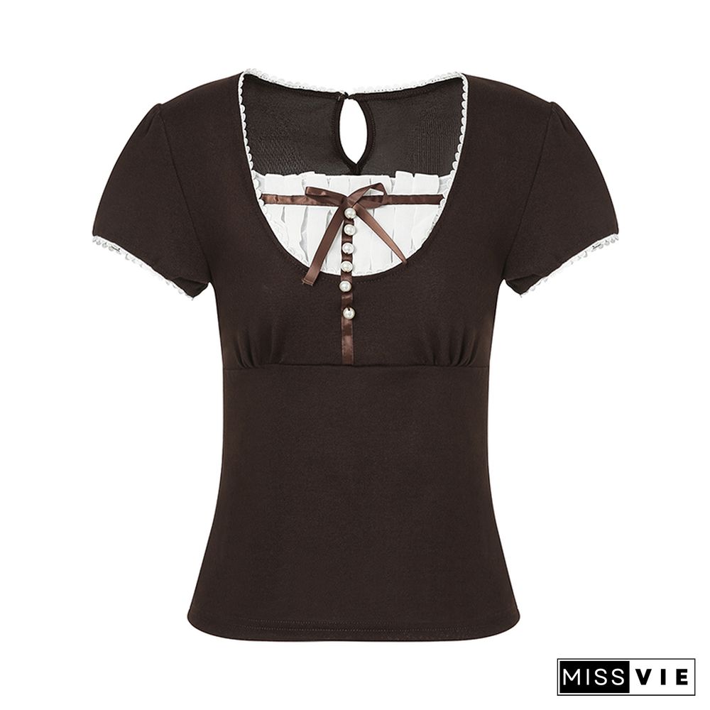 Summer Vintage Bow Ruffle Patchwork T Shirt Y2k Women Grunge Square Neck Aesthetic Korean Short Sleeve Crop Tops
