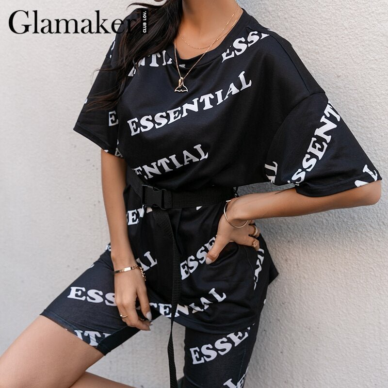 Glamaker Black letter printed women two piece suit O neck casual loose tee and slim shorts Summer spring female sets with belt