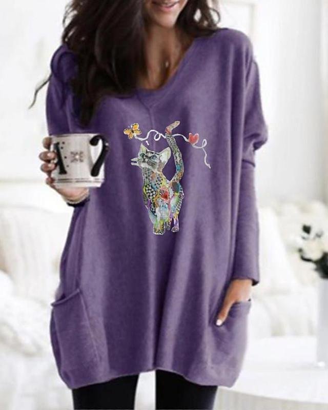 Women's Blouse Shirt Cat Long Sleeve Pocket Print Round Neck Tops Basic Top Black Purple Gray - VSMEE