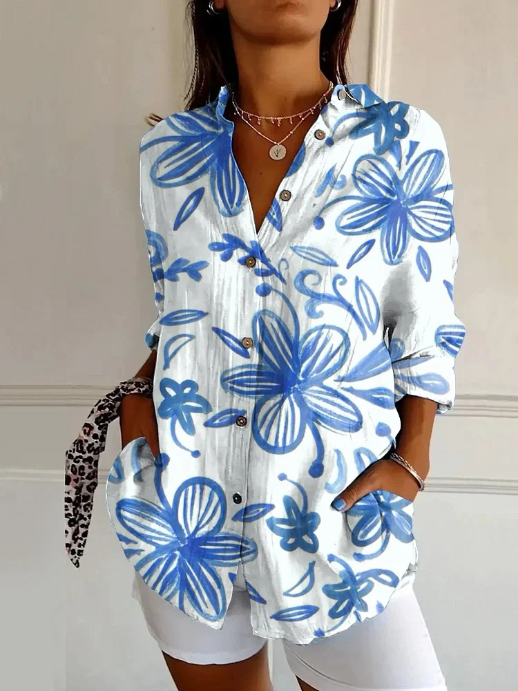 Japanese Classic Blue Flower Print Casual Long-sleeved Shirt