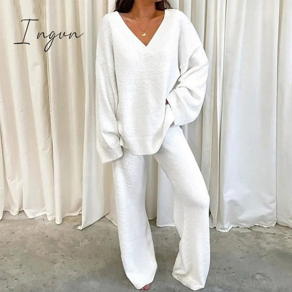 Ingvn - Women’s Lounge Sets 2 Pieces Solid Color Fleece Pajama V Neck Long Sleeve For Fall Winter