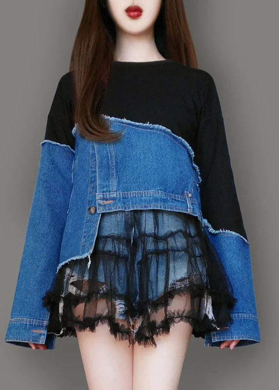 Stylish Colorblock Asymmetrical Denim Patchwork Cotton Sweatshirts Top Spring