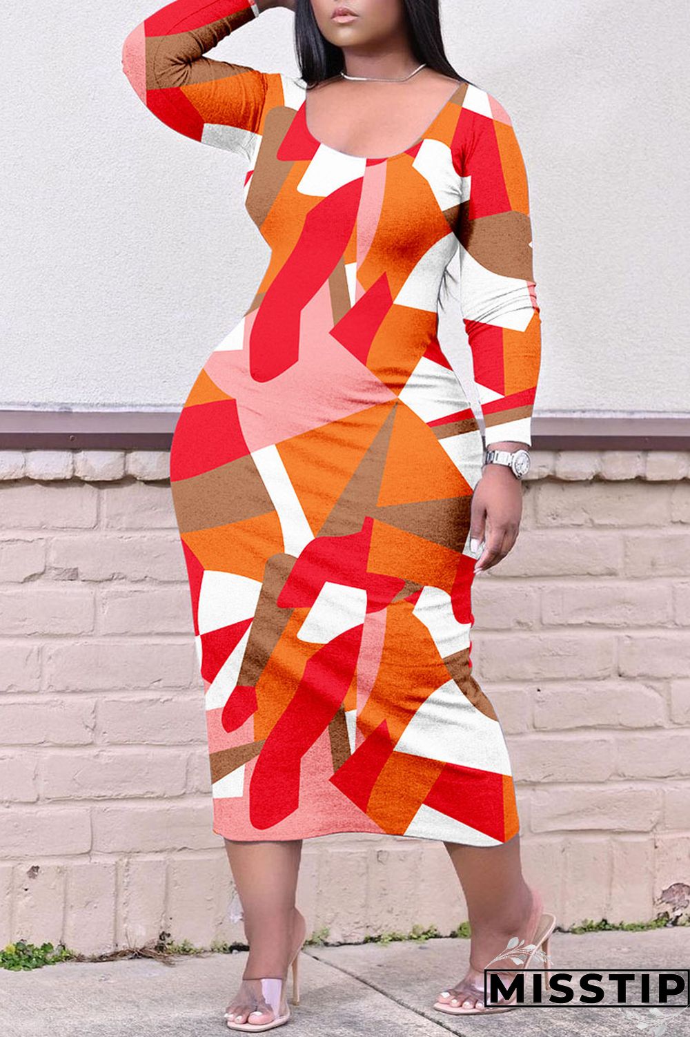Colour Casual Print Patchwork O Neck Straight Plus Size Dresses