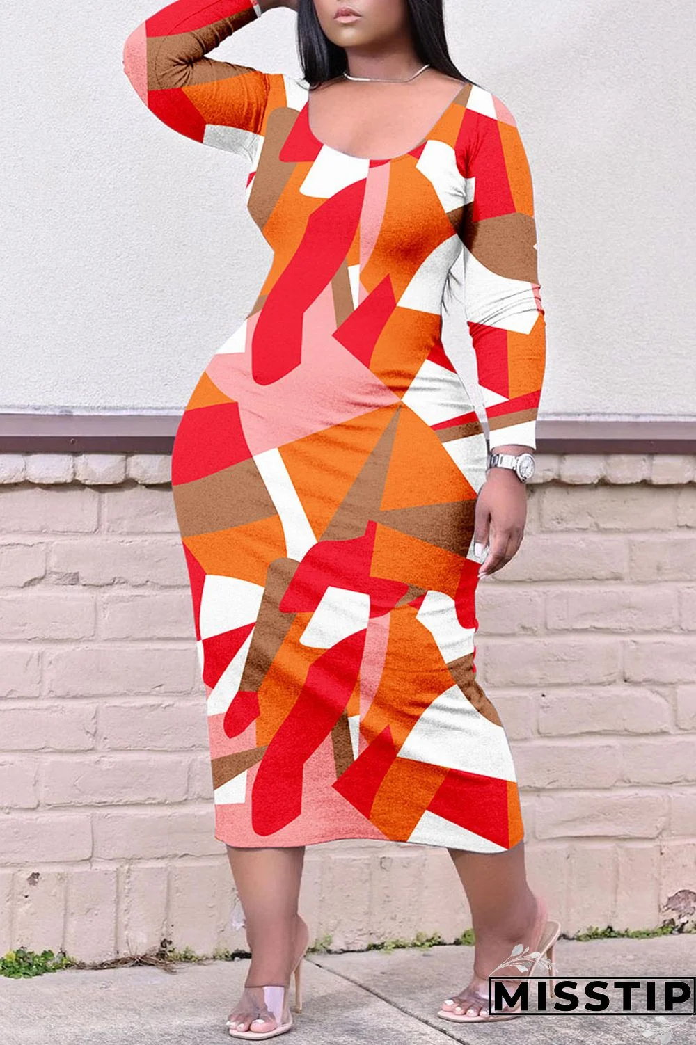 Colour Casual Print Patchwork O Neck Straight Plus Size Dresses