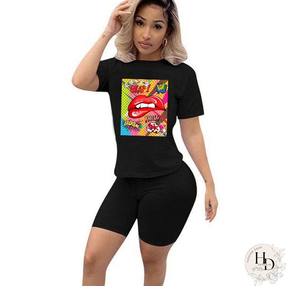 Womens Two Piece Set Cute Nibble Lips Print Short Sleeve Top With Skinny Shorts Pants