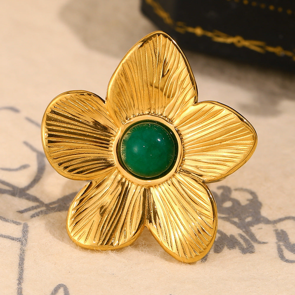 Ins Retro Turquoise Personality Hand Jewelry Stainless Steel Plated 18K Gold Exaggerated Flower Open Ring Female