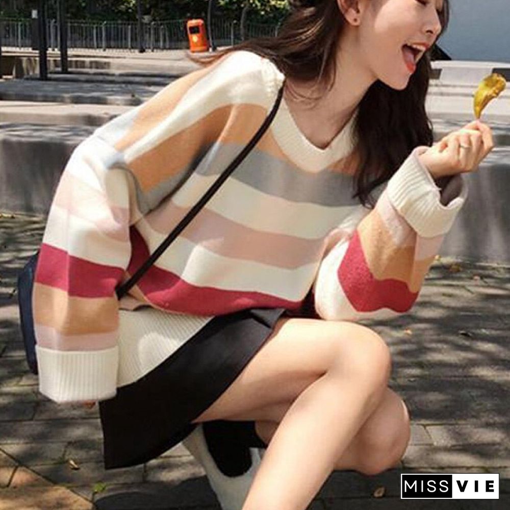 Autumn Design Elegant Stripe Sweater Women Long Sleeves Casual Knitting Sweater Korean Fashion Loose Mujer Pullover New