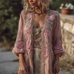 Boho Pink Floral Glitter Embroidered Long Linen Cardigan - Image 2